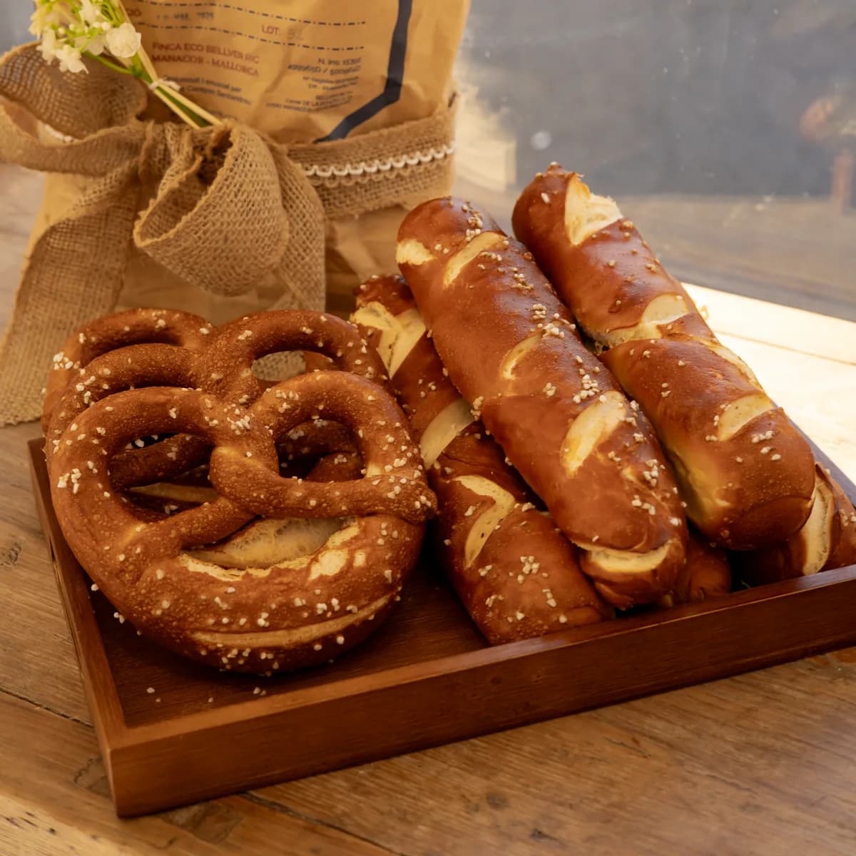 Pretzels and Laugen sticks on a wooden board